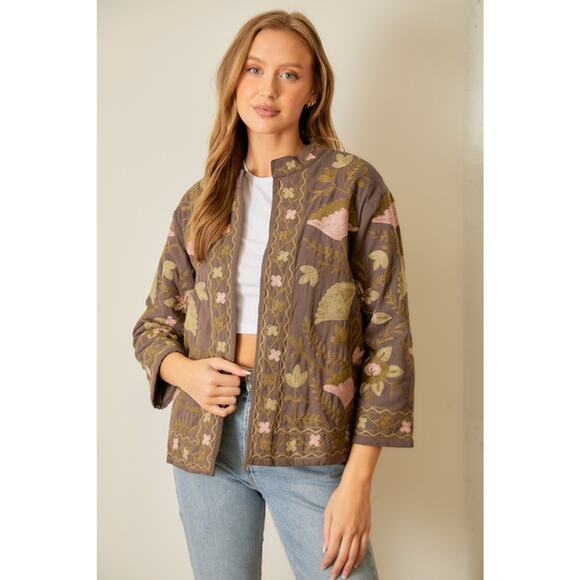 Polagram Charcoal Size Large Floral Printed Cotton Embroidered Jacket